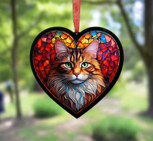Maine Coon Cat Stained Glass Effect Heart Suncatcher